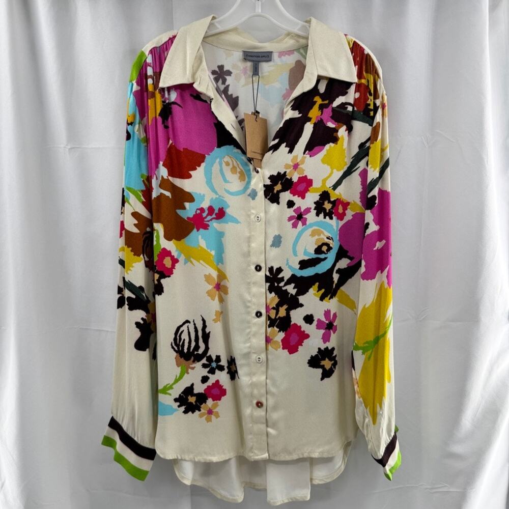 Anthropologie Conditions Apply Blooming Top Sz XL Satin Graphic Blouse